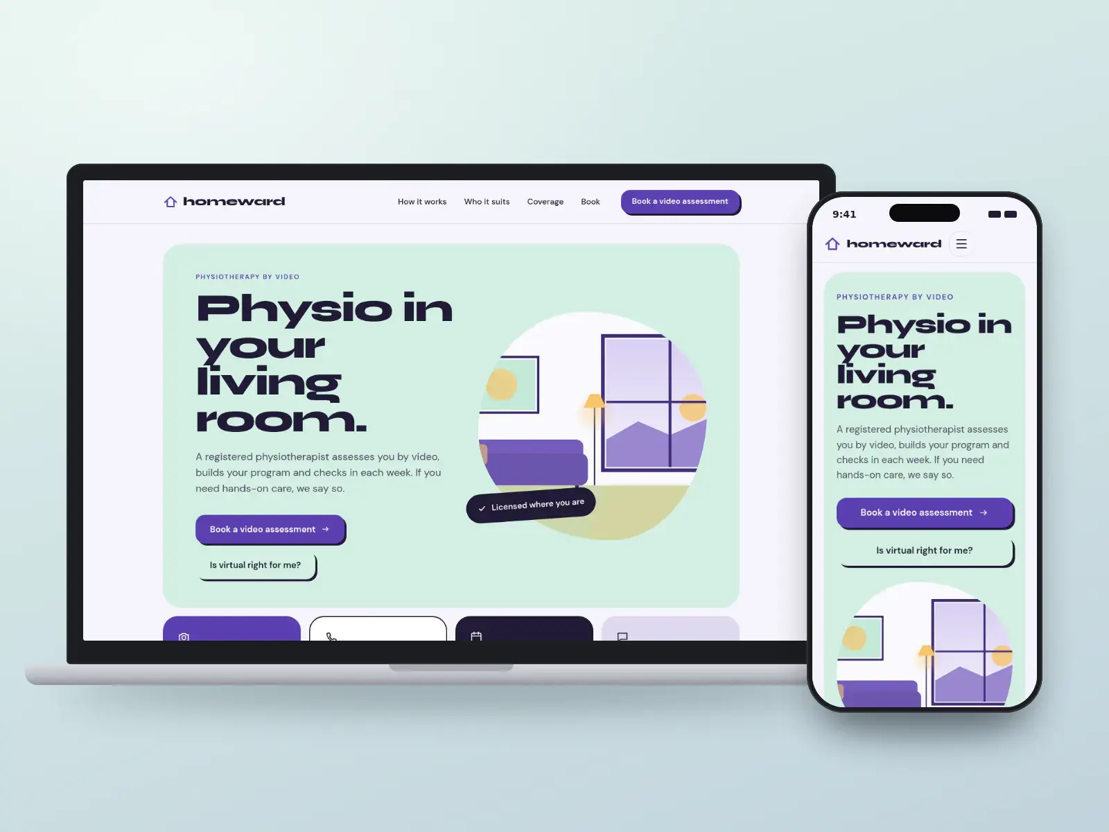 Homeward Telerehab, a violet and mint virtual physiotherapy website with bold rounded type, a drawn living room and bright step tiles for video visits, on a laptop and a phone.