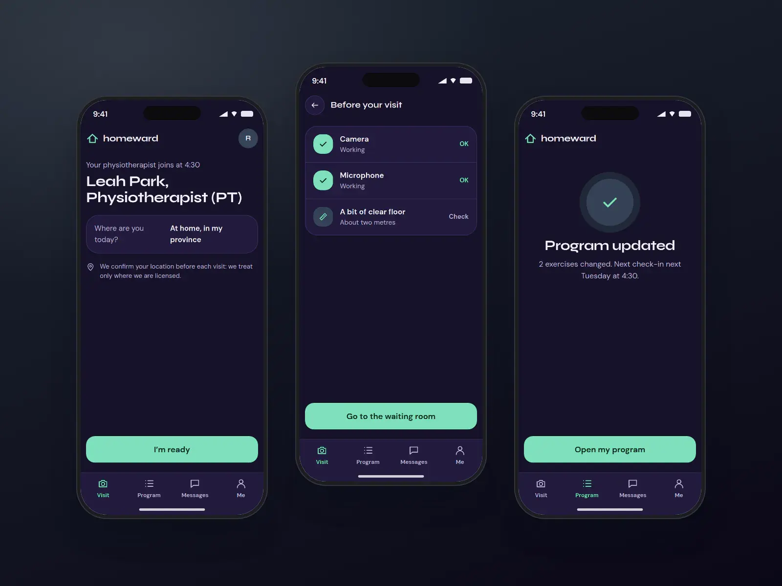 Homeward video visit app, three dark violet and mint phone screens: a pre-call check for camera and clear floor, a waiting room confirming your location, and a visit summary.