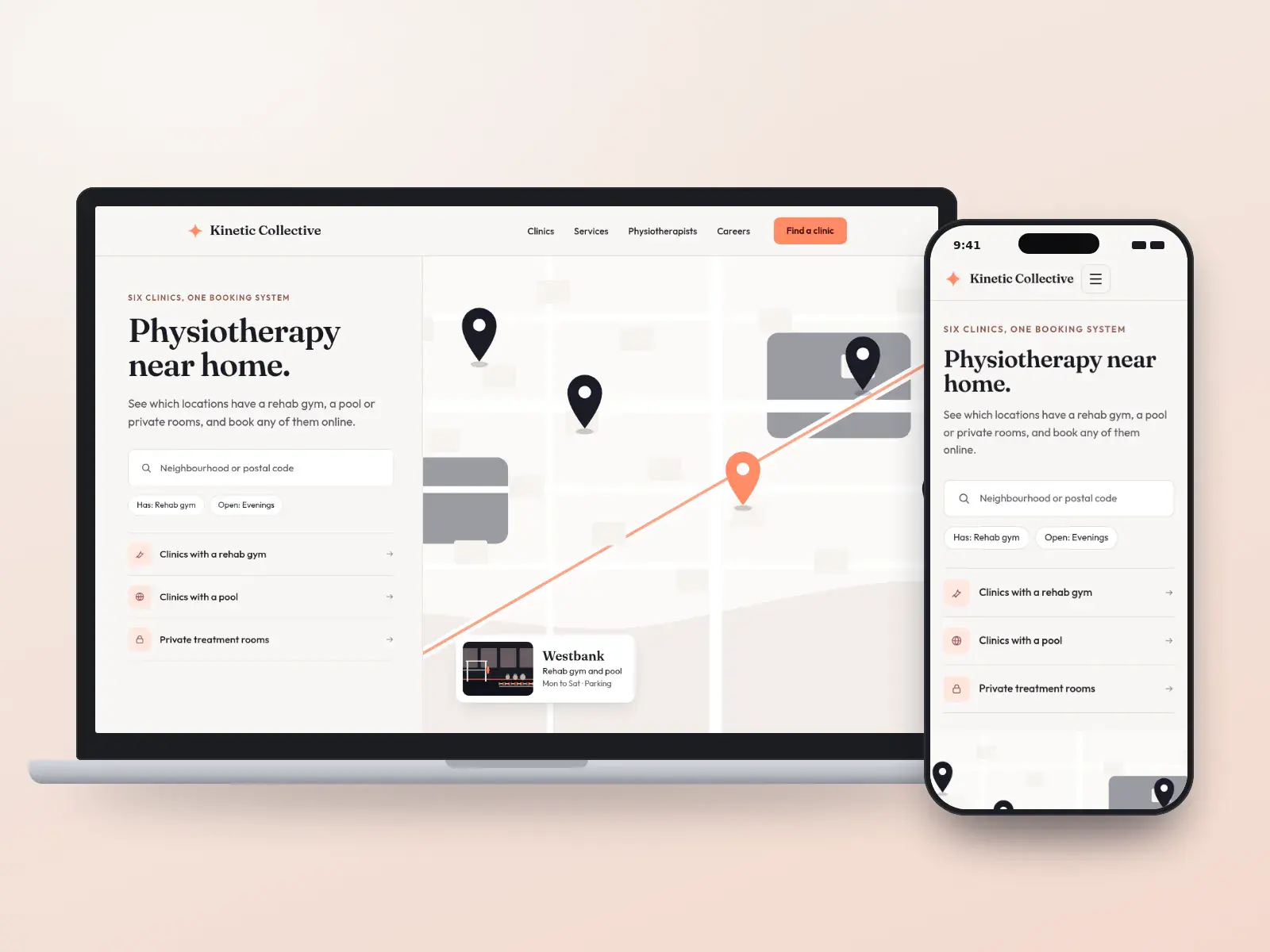 Kinetic Collective Physiotherapy, an ink and coral physiotherapy group website with a clinic finder, a city map with pins and a clinic card listing a rehab gym and pool, on a laptop and a phone.