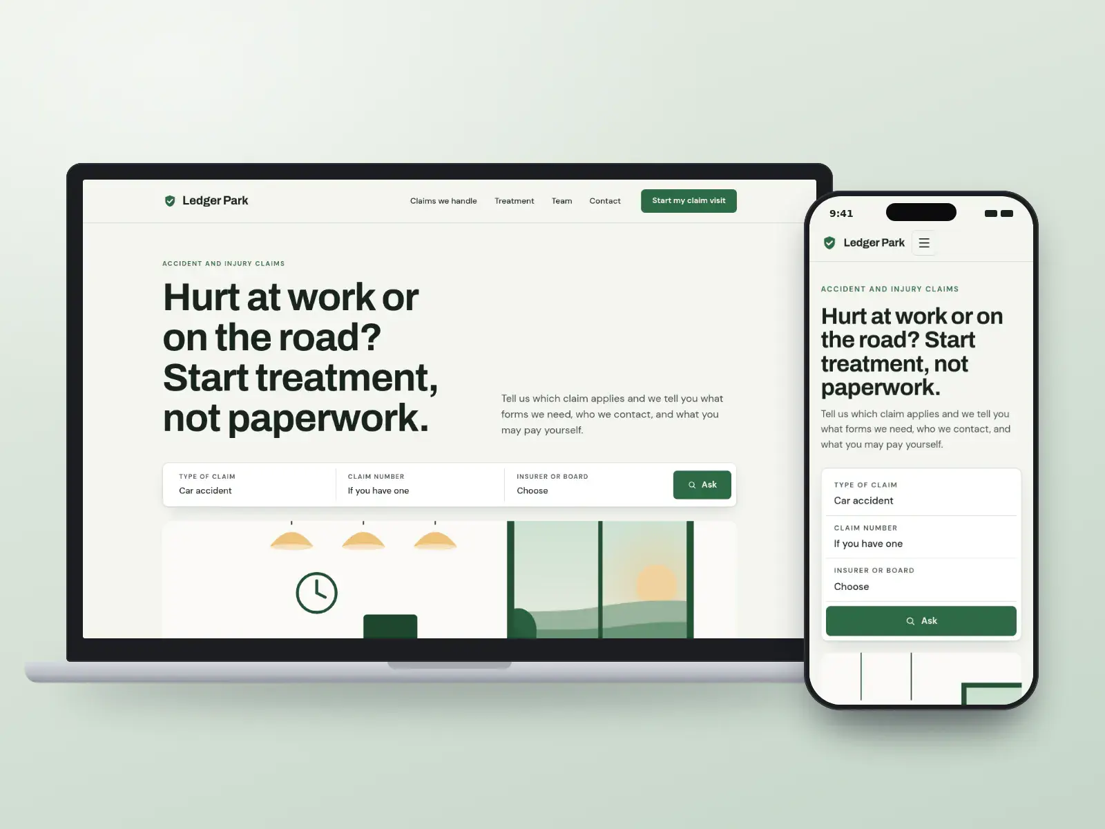 Ledger Park Rehab, a forest and bone physiotherapy website with a claim check bar for car accident and workplace claims and a drawn reception area, on a laptop and a phone.