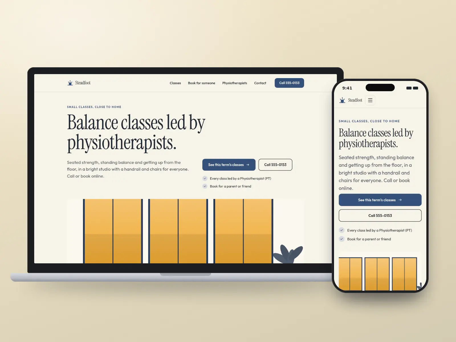 Steadfoot Balance Physio, a marigold and slate blue physiotherapy website in large type about balance classes, with a wide drawing of a bright community studio, on a laptop and a phone.