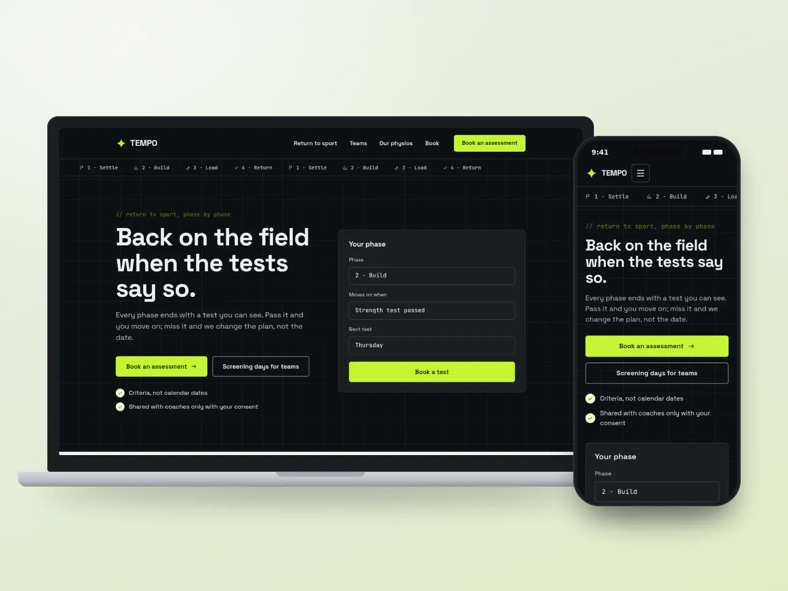 Tempo Sport Physio, a dark sport physiotherapy website with volt green accents, a ticker of rehab phases and an assessment booking panel, on a laptop and a phone.