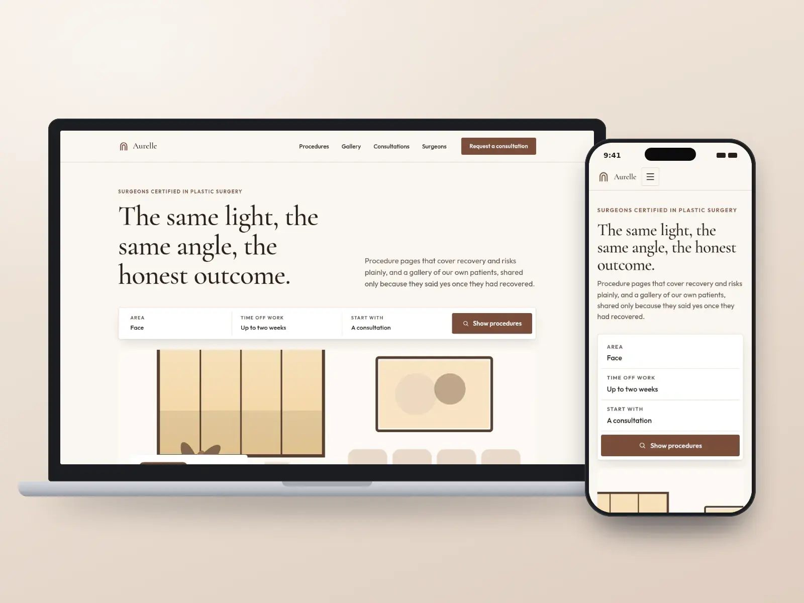 Aurelle Plastic Surgery, a champagne and espresso plastic surgery website with a procedure finder above a wide, softly lit treatment-room illustration, shown on a laptop and a phone.