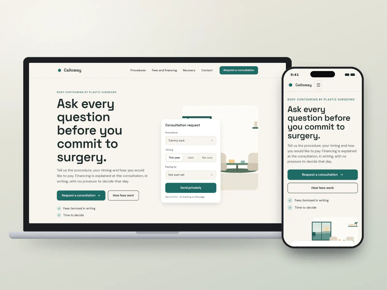 Calloway Body Surgery, a sand and teal body surgery website with a private consultation request form beside a calm consult-room illustration, shown on a laptop and a phone.