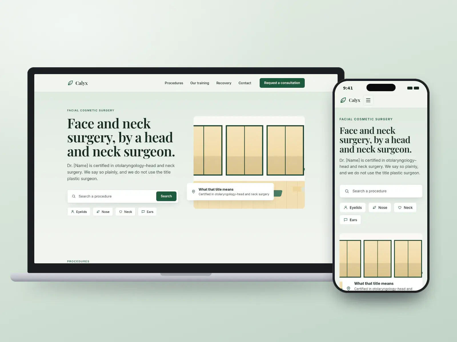 Calyx Face & Neck Surgery, a celadon and bottle green facial surgery website with a procedure search, quick links and a calm studio illustration, shown on a laptop and a phone.