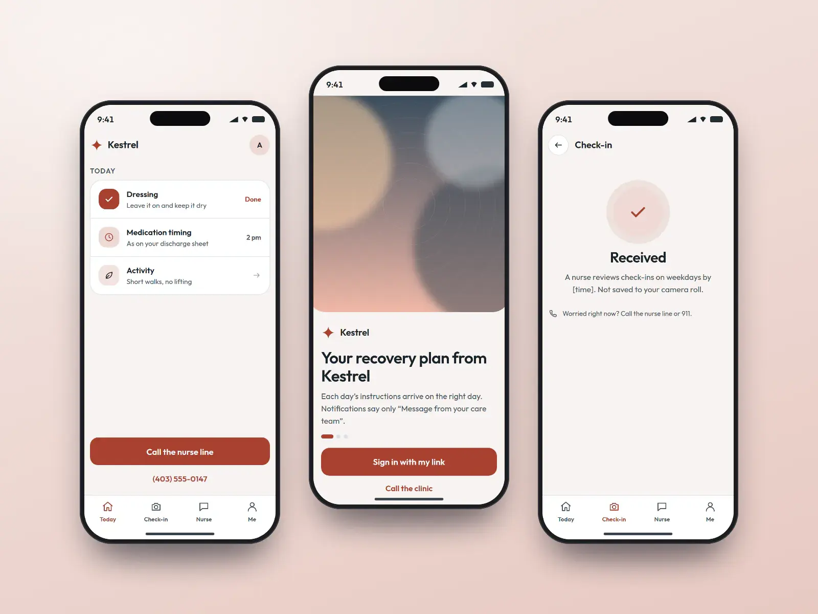 Kestrel recovery app, three slate and coral phone screens: a welcome screen, day four of a recovery plan with today’s instructions, and a confirmation that a check-in photo was received.
