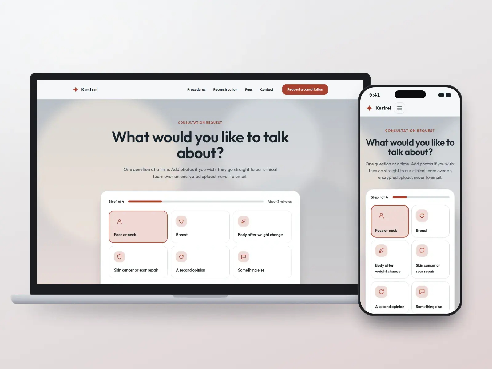 Kestrel Plastic Surgery, a slate and coral plastic surgery website whose homepage is a consultation request with large topic tiles and a progress bar, shown on a laptop and a phone.