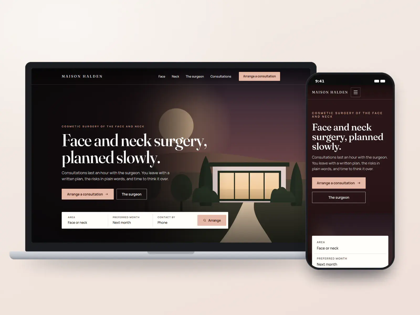 Maison Halden, an ivory and oxblood facial surgery website with a full-width dusk garden illustration, a centred serif headline and a consultation request bar, on a laptop and a phone.
