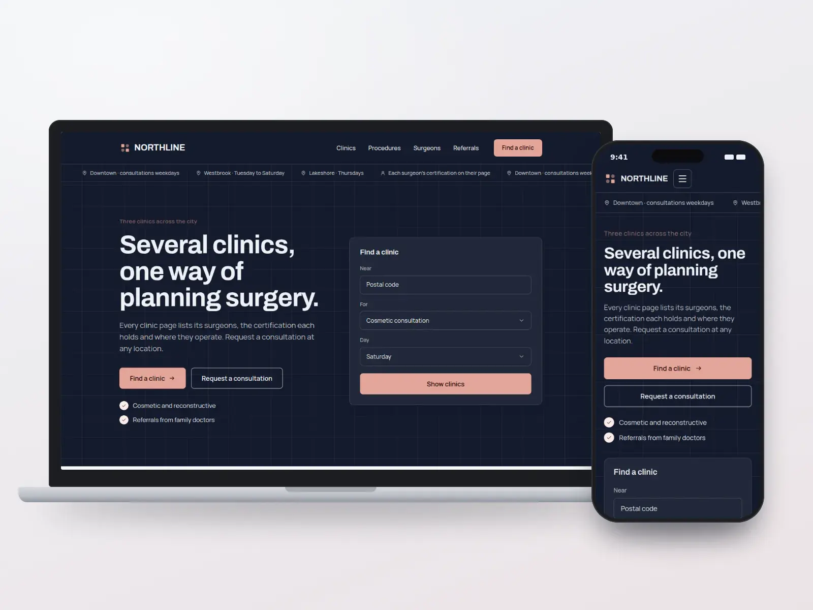 Northline Plastic Surgery Group, a midnight and blush surgery group website with a clinic finder panel beside the headline and a city skyline illustration, shown on a laptop and a phone.