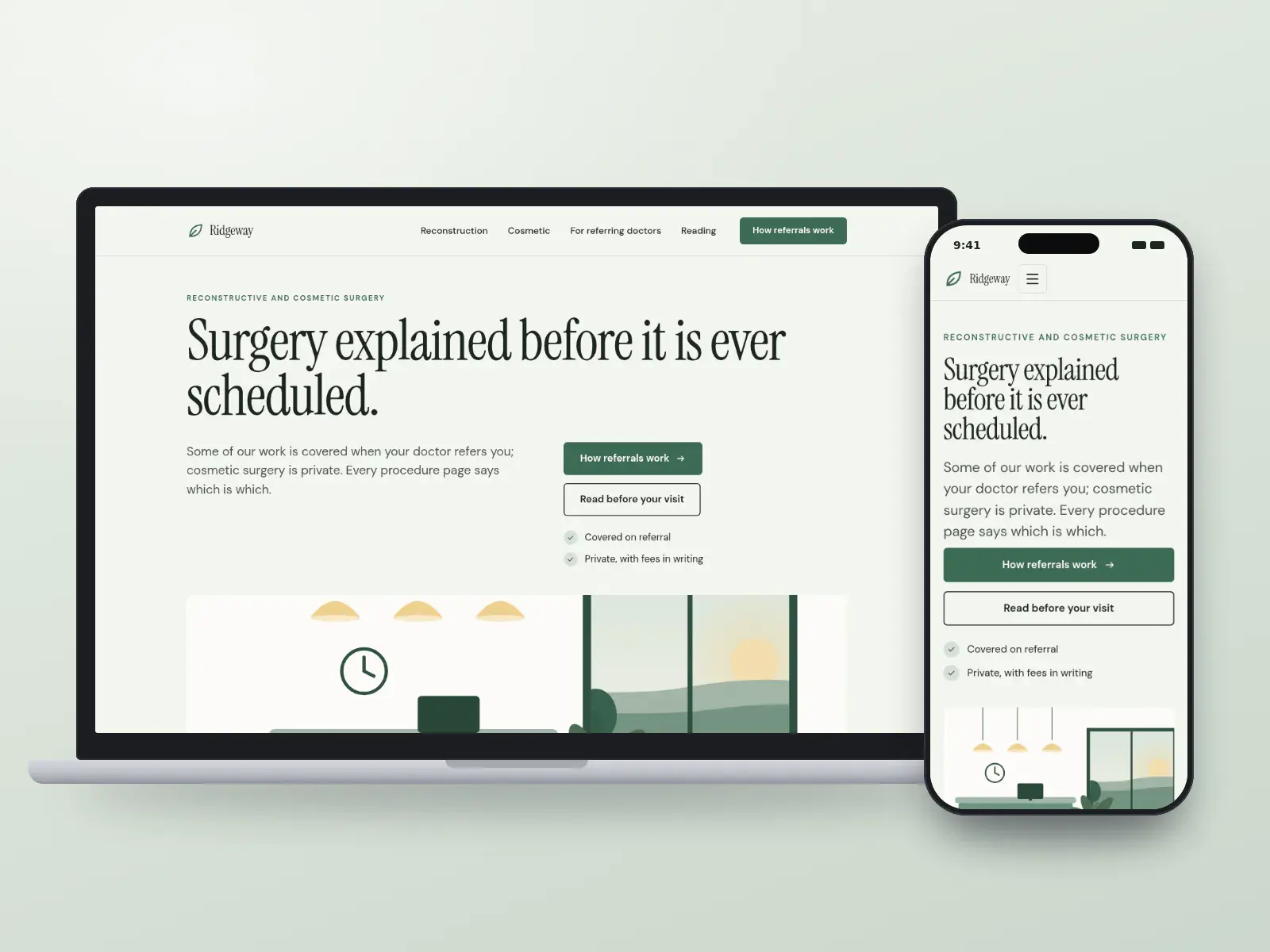Ridgeway Reconstructive & Plastic Surgery, a sage and ink editorial surgery website with a large serif headline over a wide reception illustration and a reading list, on a laptop and a phone.