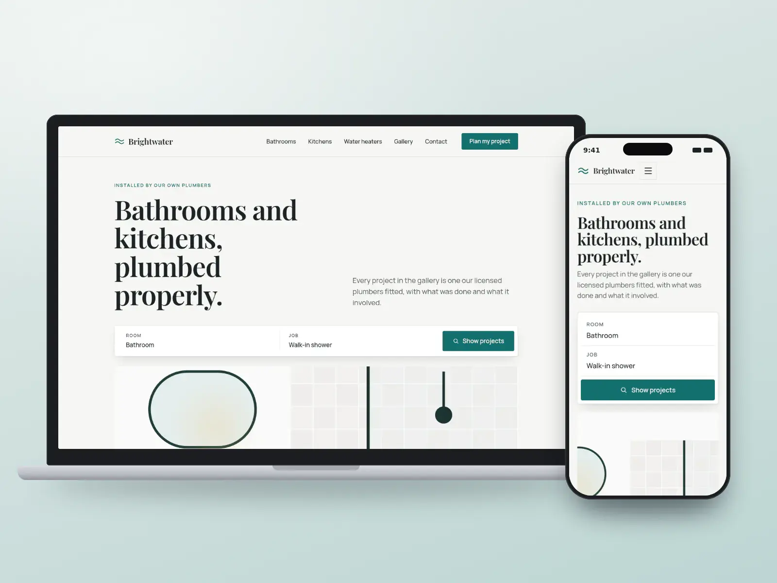 Brightwater Bath & Plumbing, a marble and teal plumbing and bathroom website on a laptop and a phone, with a gallery of finished bathrooms and kitchens drawn as interiors.