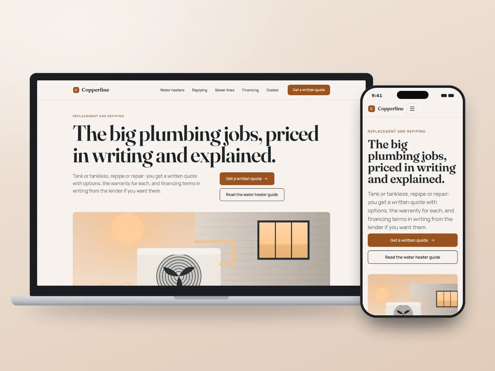 Copperline Plumbing, a copper and slate editorial plumbing website on a laptop and a phone, with a serif headline about water heaters and repiping, a warranty table and a condenser illustration.