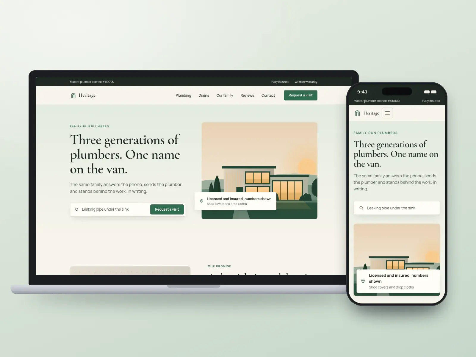 Heritage Pipe & Drain, a forest green and cream family plumbing website on a laptop and a phone, with licence and insurance details beside a serif headline and a house at dusk.