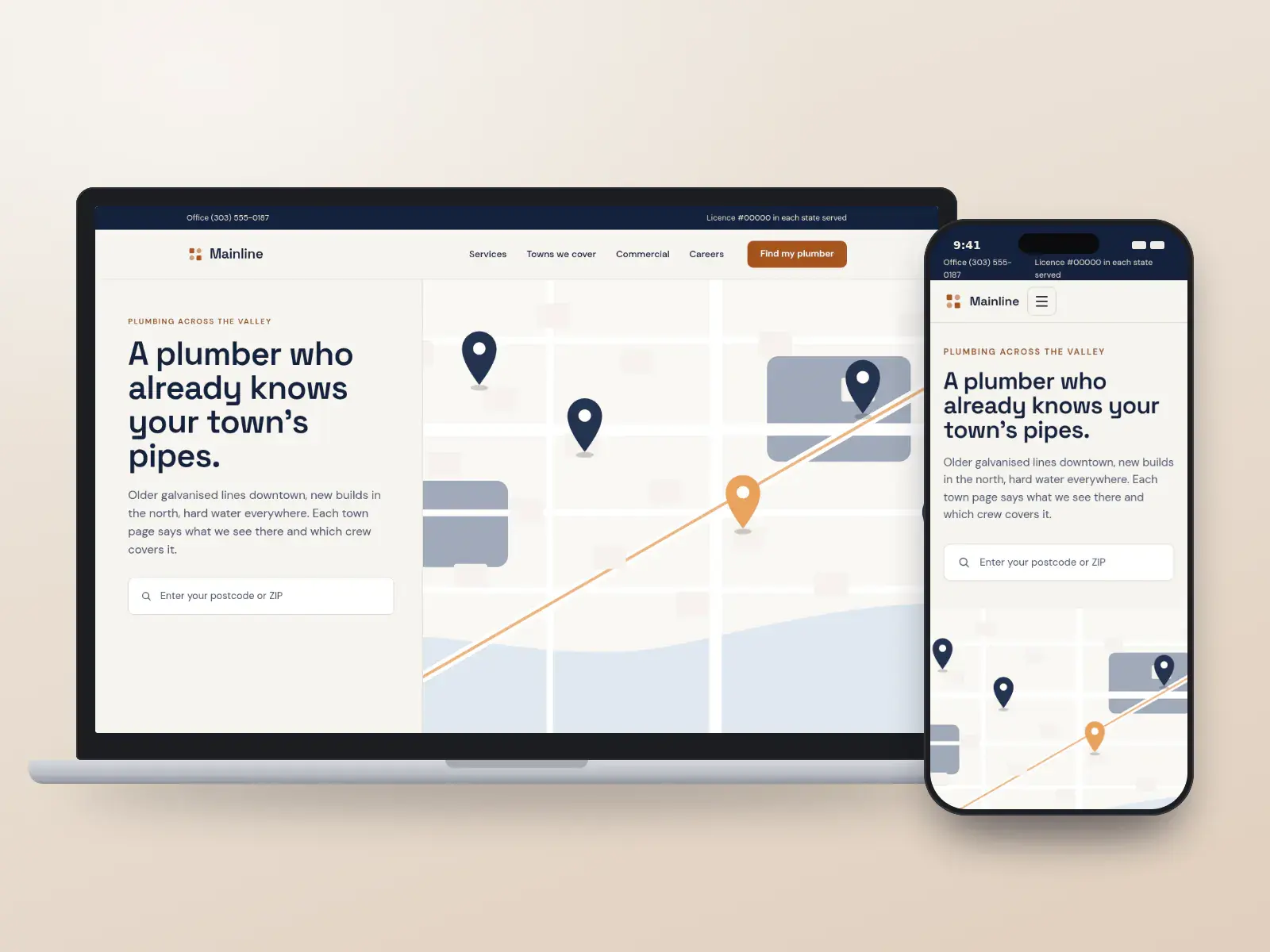 Mainline Plumbing Co., a navy and copper plumbing company website on a laptop and a phone, with a map of five towns served and town cards describing local plumbing problems.