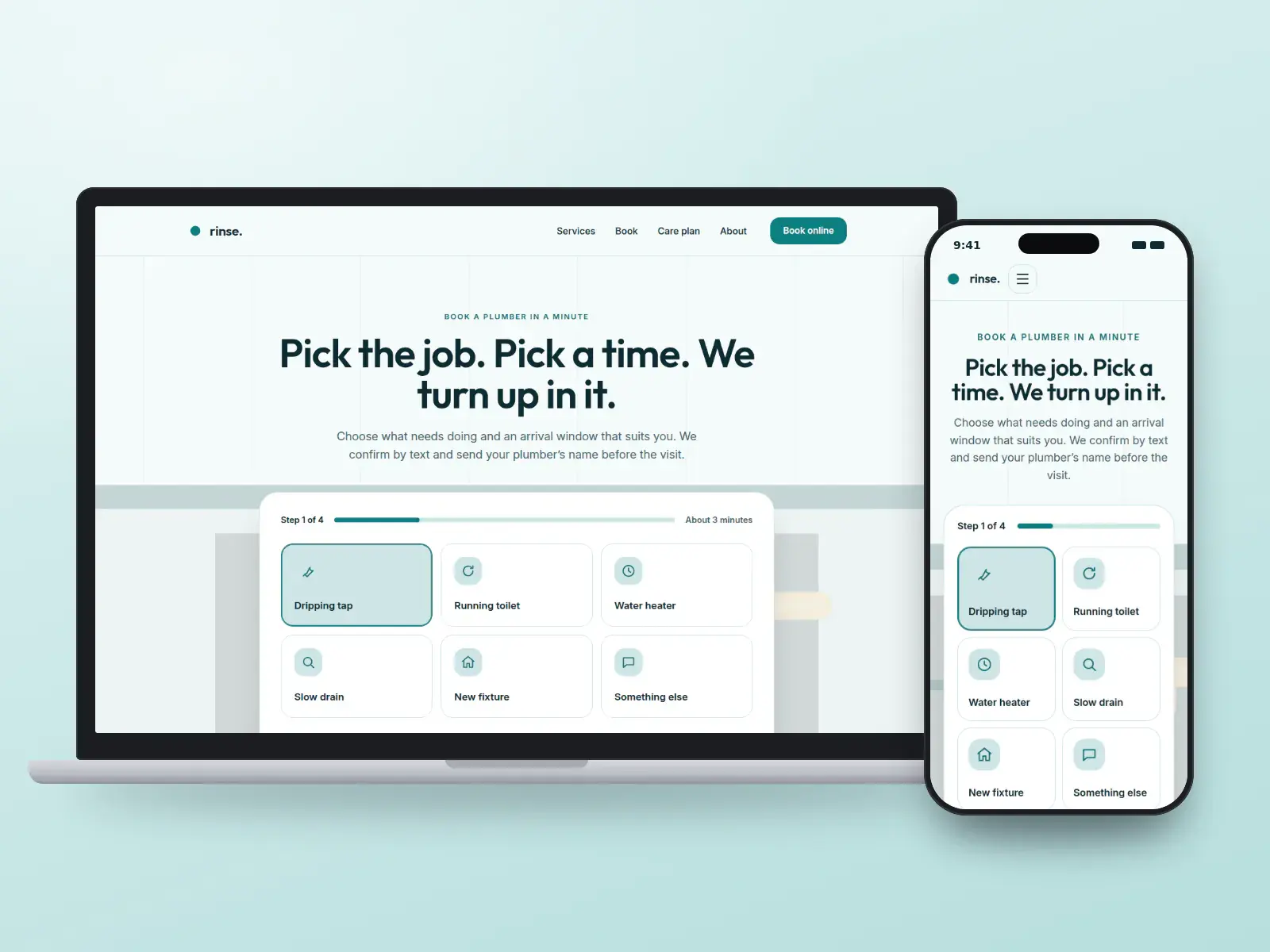 rinse. plumbing, an aqua and white online booking website for a plumber on a laptop and a phone, with job tiles for taps, toilets and water heaters and an arrival window picker.