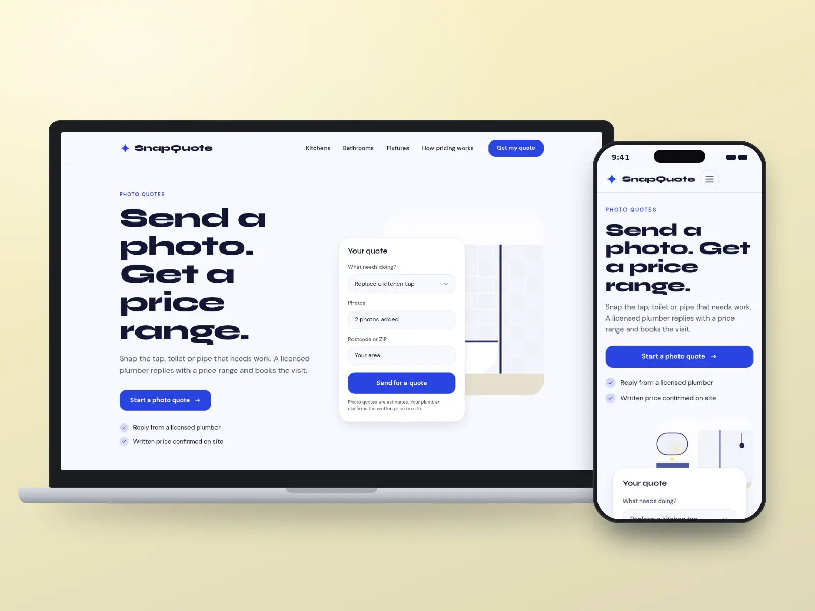 SnapQuote Plumbing, a cobalt and lemon photo-quote plumbing website on a laptop and a phone, with an upload-a-photo quote form beside a bathroom illustration.