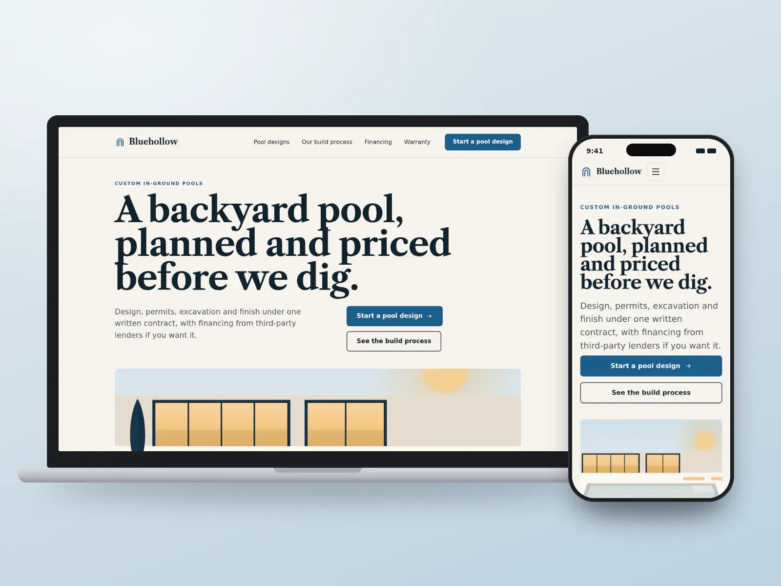 Bluehollow Pools, a deep end blue and sandstone pool builder website on a laptop and a phone, with a serif headline, a wide pool illustration and a build process table.