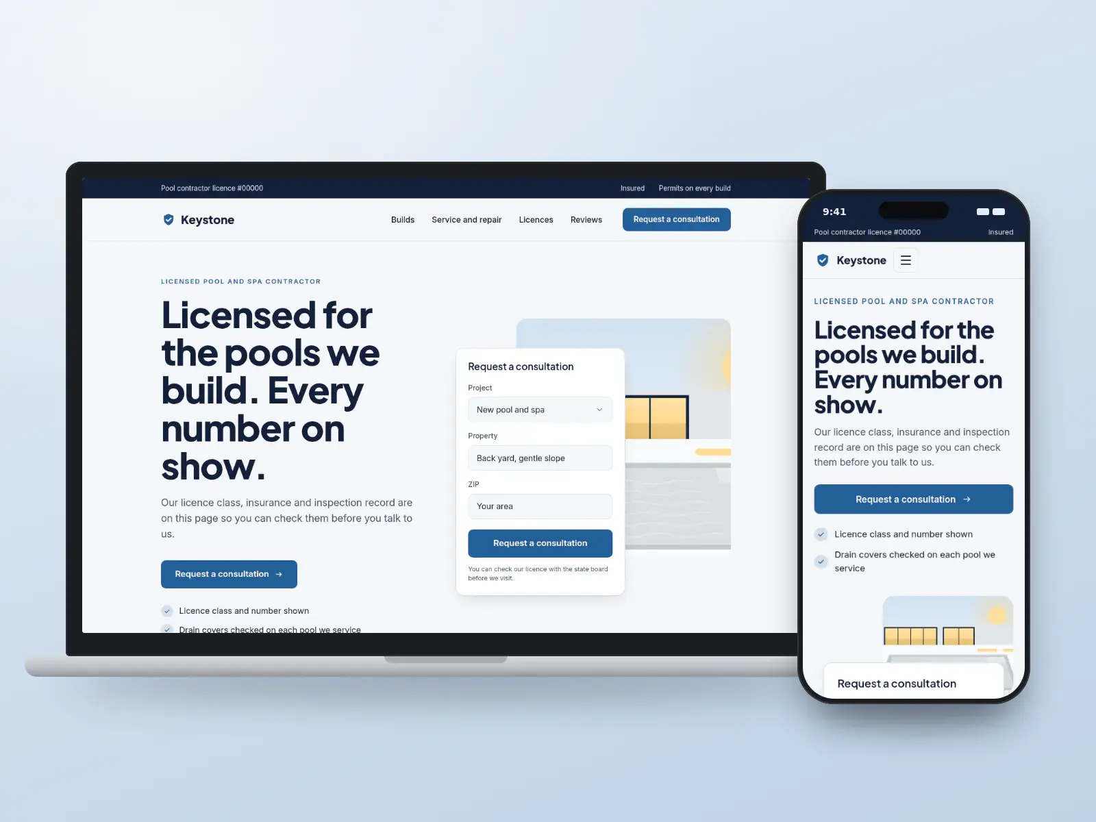 Keystone Pool & Spa, a navy and pool tile blue contractor website on a laptop and a phone, with licence details, a consultation form and a pool and spa illustration.