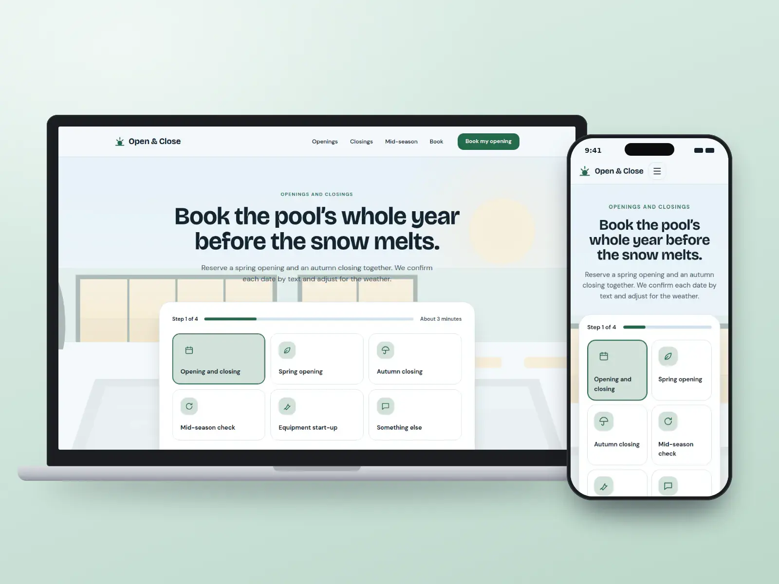 Open & Close Pool Co., a spring sky and pine pool season website on a laptop and a phone, with a step-by-step booking for openings, closings and mid-season visits.