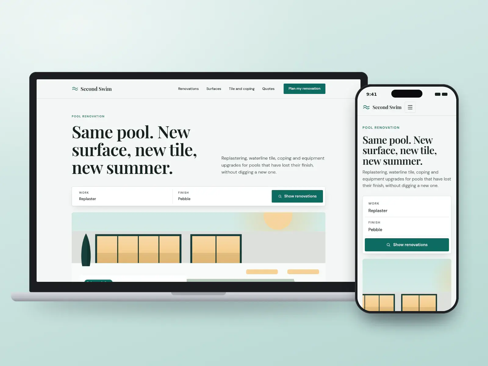 Second Swim Renovations, a pebble grey and teal pool renovation website on a laptop and a phone, with a renovation finder and a gallery of resurfaced pools and new waterline tile.