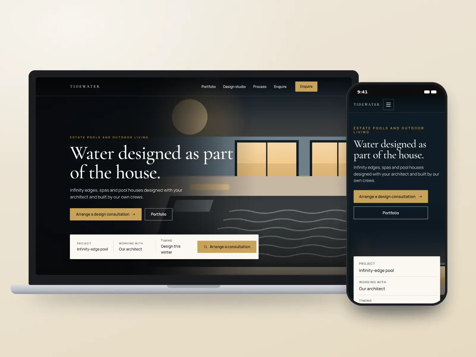 Tidewater Estate Pools, a twilight and brass luxury pool website on a laptop and a phone, with a full-width pool at dusk, a serif headline and a design consultation bar.
