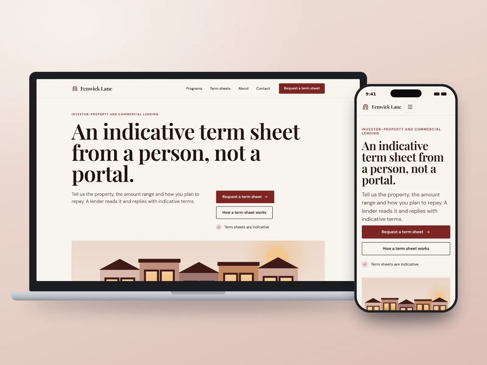 Fenwick Lane Capital, an oxblood and ivory editorial lending website with a large serif headline above an illustration of a lane of brick buildings and an inline term-sheet request, on a laptop and a phone.