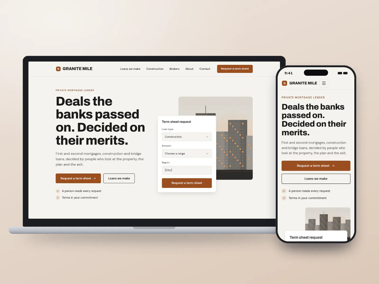 Granite Mile Mortgage, a granite grey and copper private lender website with a heavy headline, a term-sheet request card and an illustration of city towers at the edge of town, on a laptop and a phone.