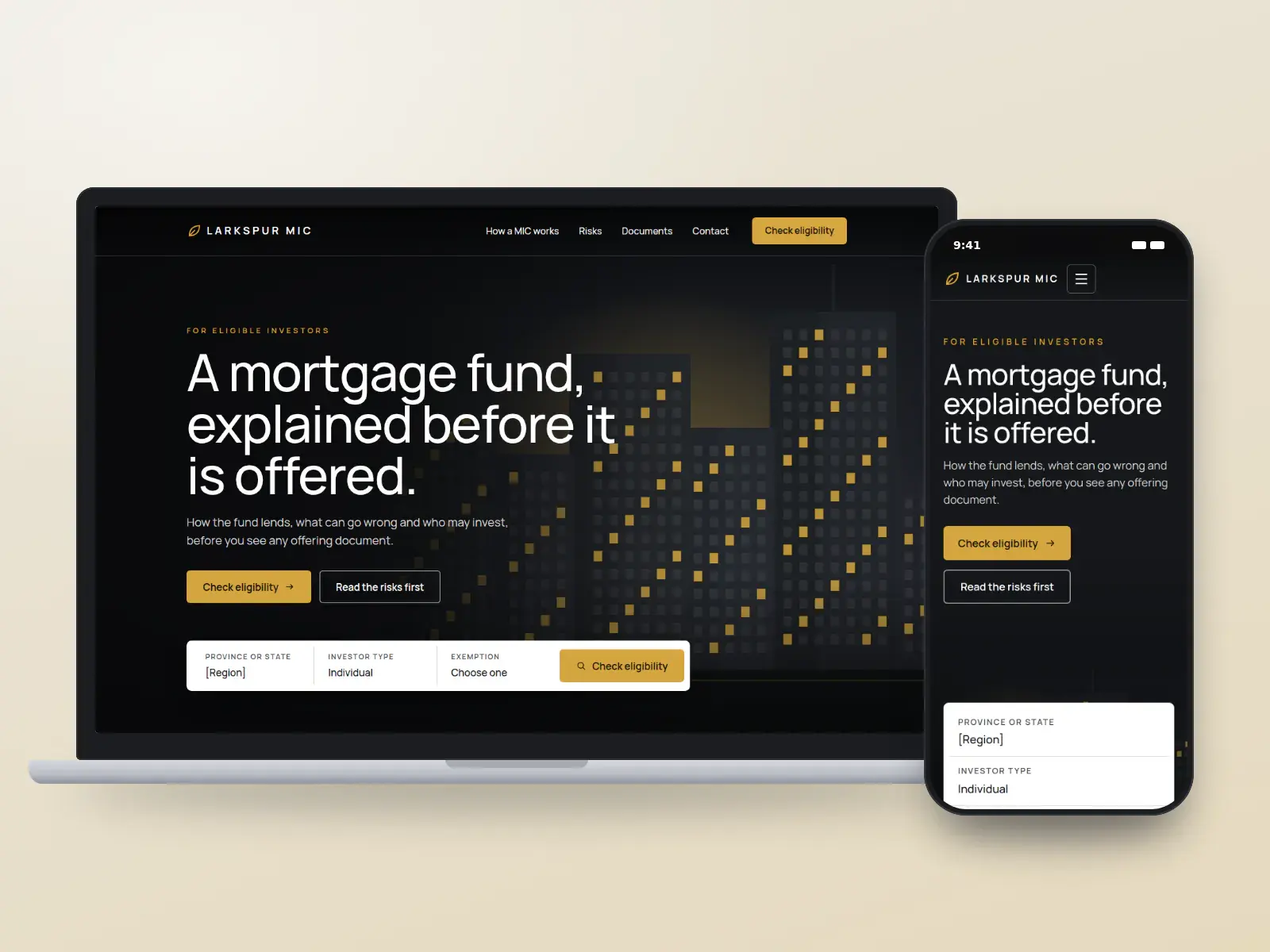 Larkspur Mortgage Investment Corporation, a charcoal and gold leaf investor website with a full-width night skyline, a centred headline and an eligibility check bar, on a laptop and a phone.