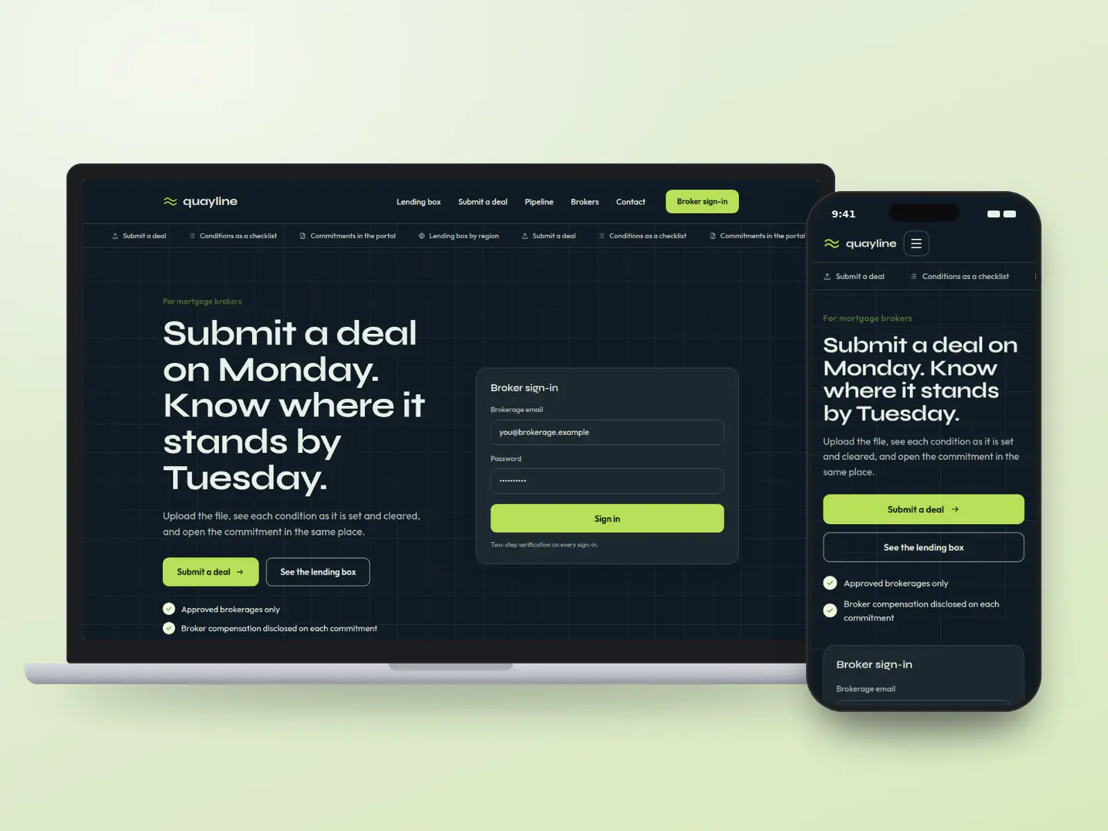 Quayline Lending, a night navy and lime broker portal website with a broker sign-in panel, a ticker of portal features and a harbour crane illustration at night, on a laptop and a phone.