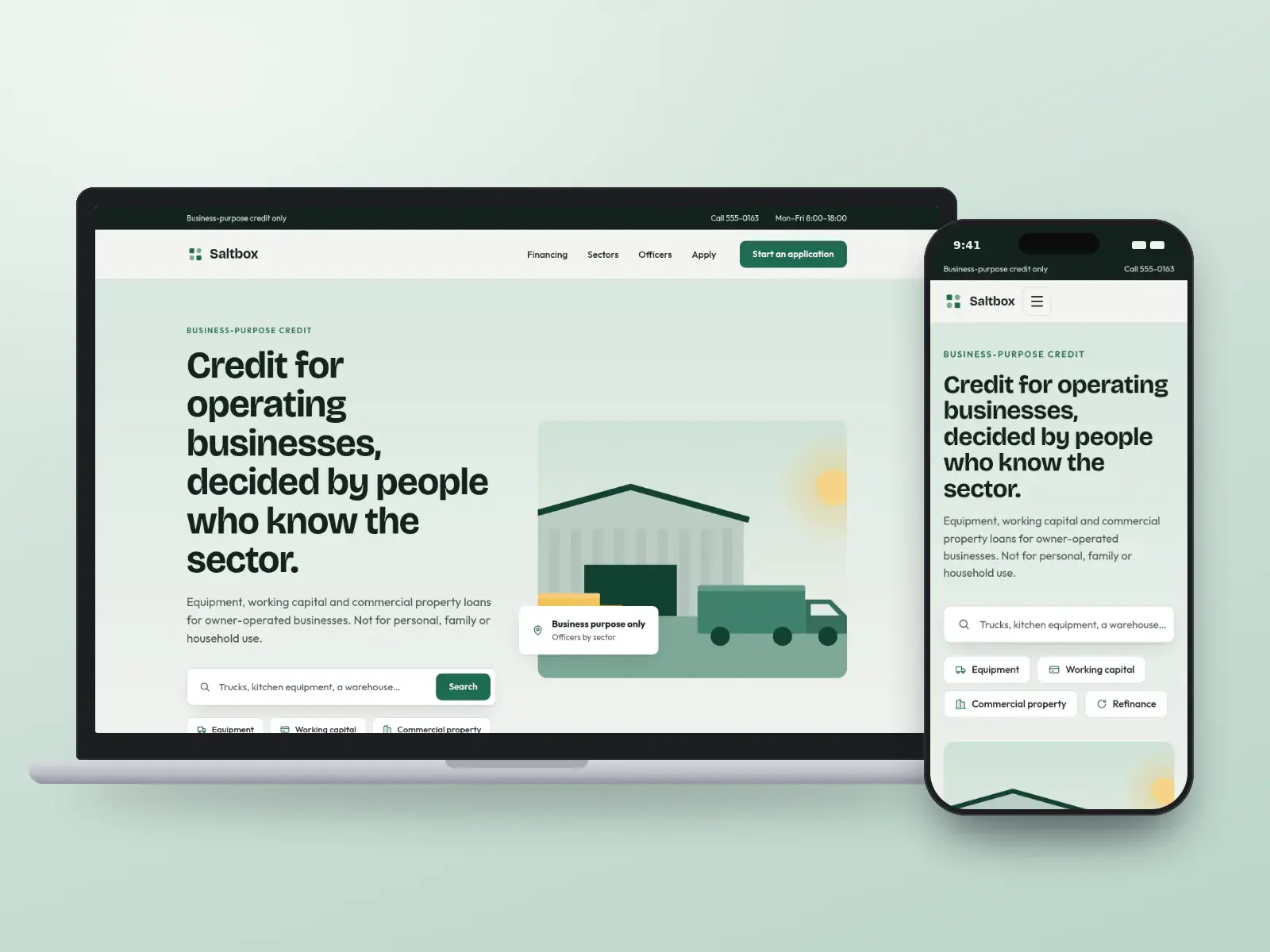 Saltbox Business Credit, a harbour green and stone business lending website with a search bar, quick links for equipment, working capital and property, and a fleet yard illustration, on a laptop and a phone.