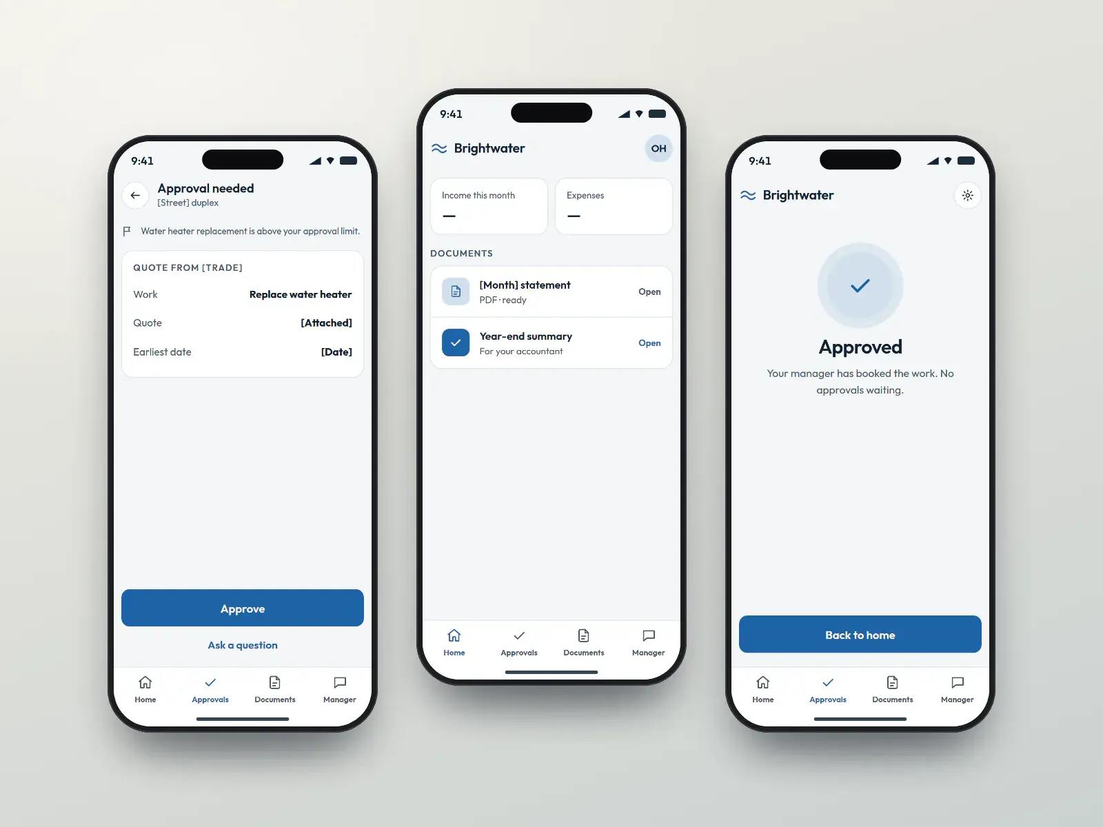 Brightwater owner app, three lake blue and sand phone screens: an owner home with the latest statement, an approval request for a water heater above the limit, and an approved confirmation.