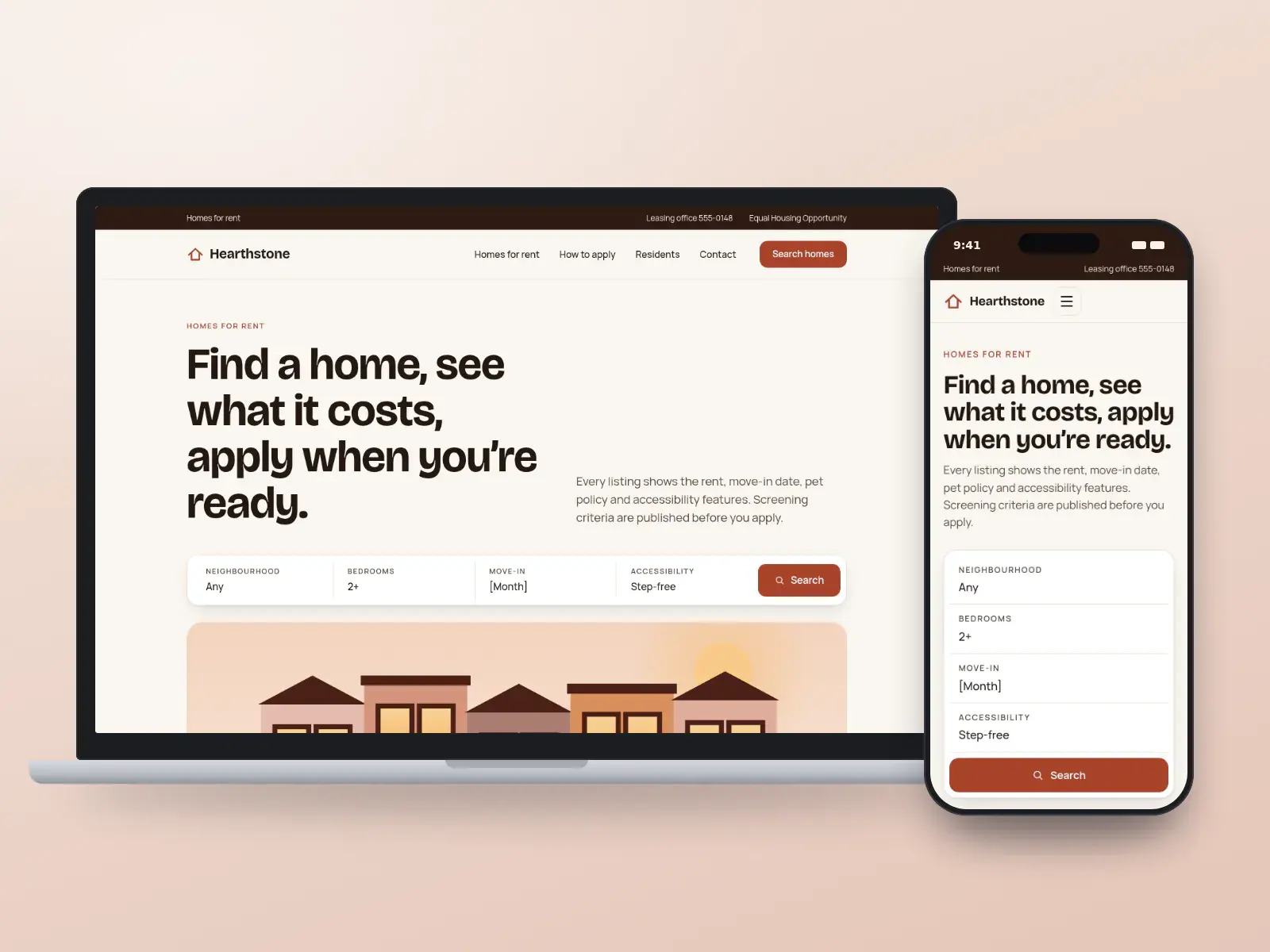 Hearthstone Rentals, a brick and cream rentals website with a search bar for neighbourhood, bedrooms and move-in date above a wide illustration of townhouses, on a laptop and a phone.