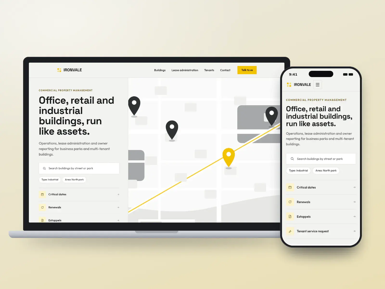 Ironvale Commercial Property, a concrete grey and safety yellow commercial property website with building type chips beside a district map with a pinned industrial building card, on a laptop and a phone.
