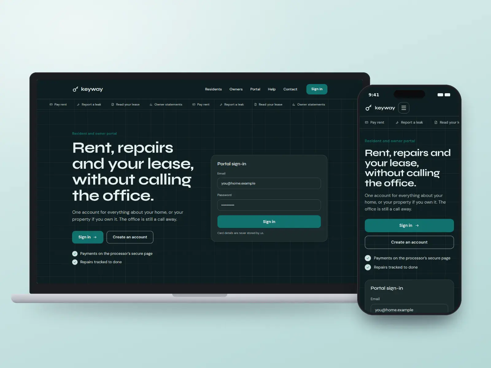 Keyway Property Management, an ink and teal resident portal website with a sign-in panel, a ticker of portal tasks like pay rent and report a leak, and a night building illustration, on a laptop and a phone.
