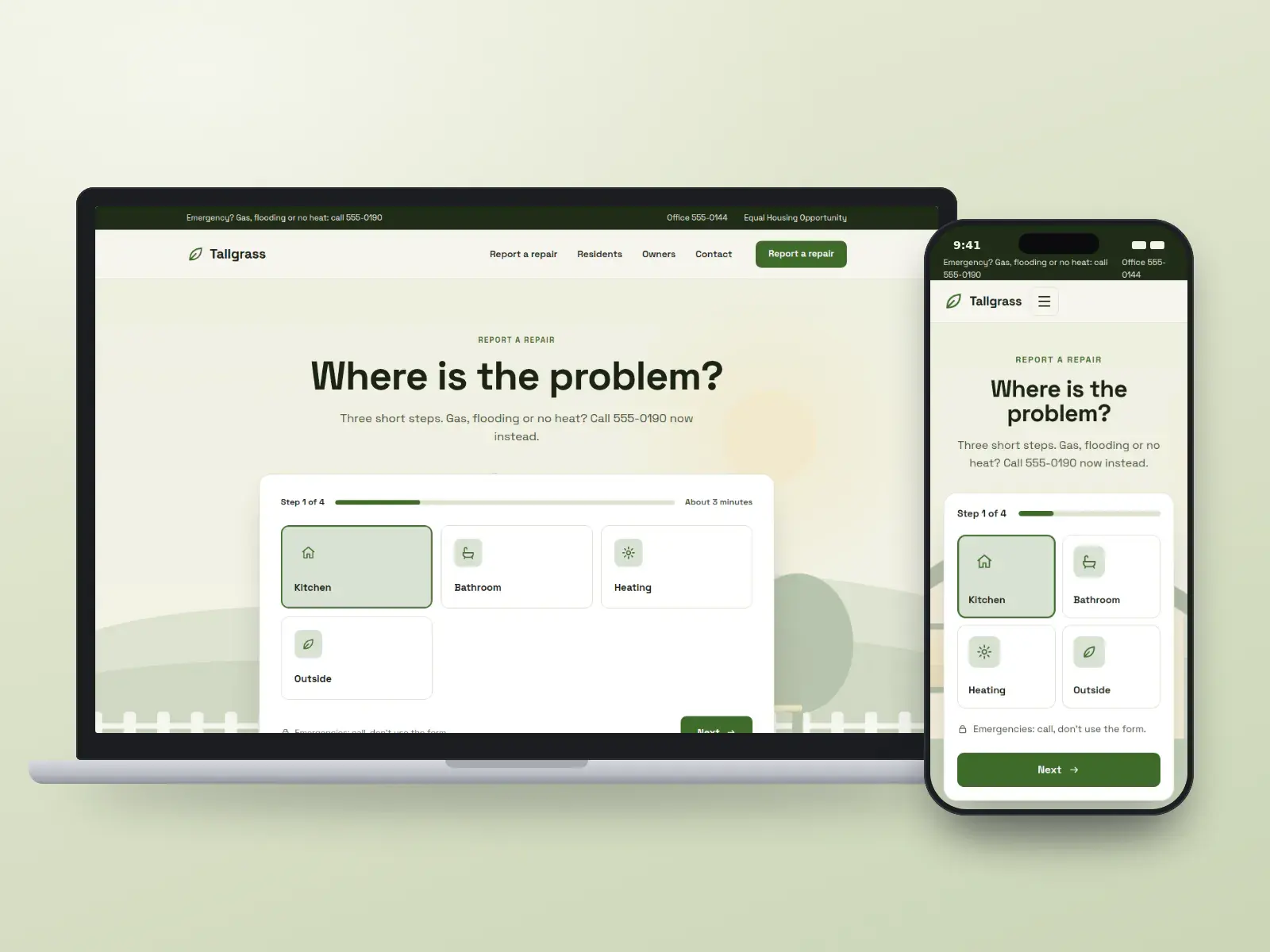 Tallgrass Property Services, a prairie green and wheat repair request website with a step-by-step question “Where is the problem?” and tiles for kitchen, bathroom, heating and outside, on a laptop and a phone.