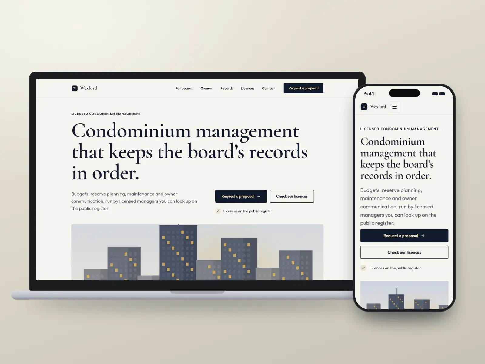 Wexford Condominium Management, a navy and brass editorial condo management website with a large serif headline above a city towers illustration and an inline records request form, on a laptop and a phone.