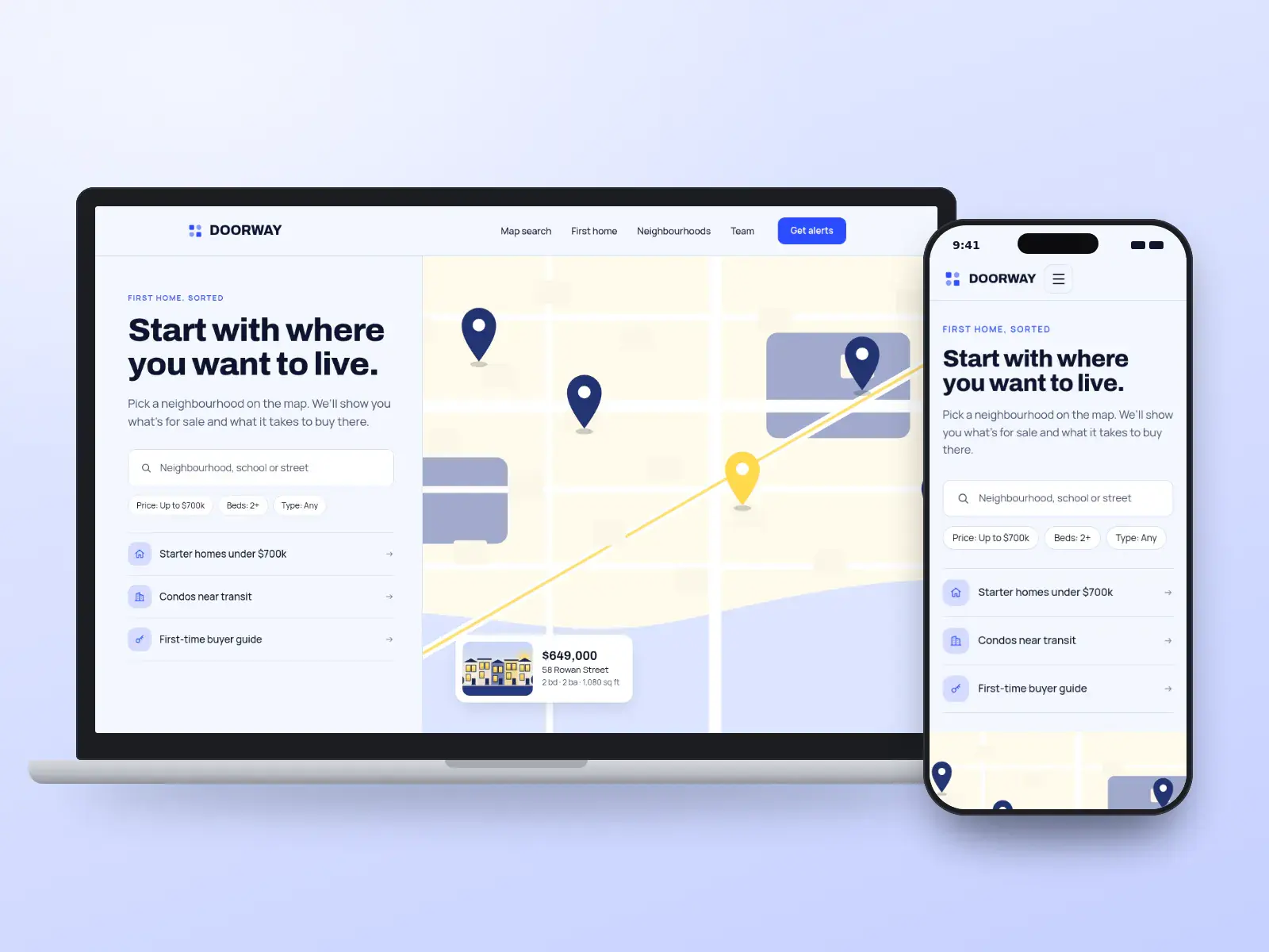 Doorway Homes, a cobalt and lemon real estate website with a search panel beside a neighbourhood map with pinned homes and a listing card, shown on a laptop and a phone.