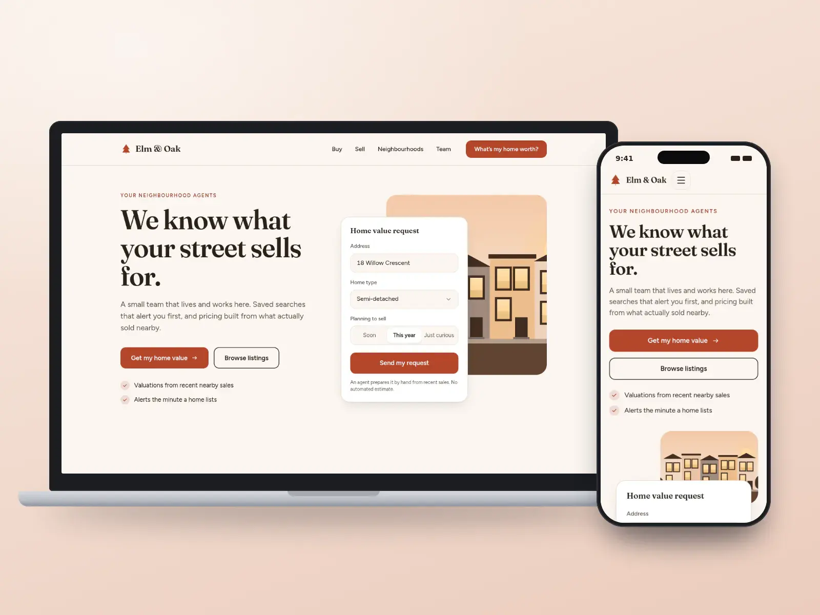 Elm & Oak, a terracotta and cream neighbourhood real estate website with a home value request card over an illustration of townhouses, shown on a laptop and a phone.