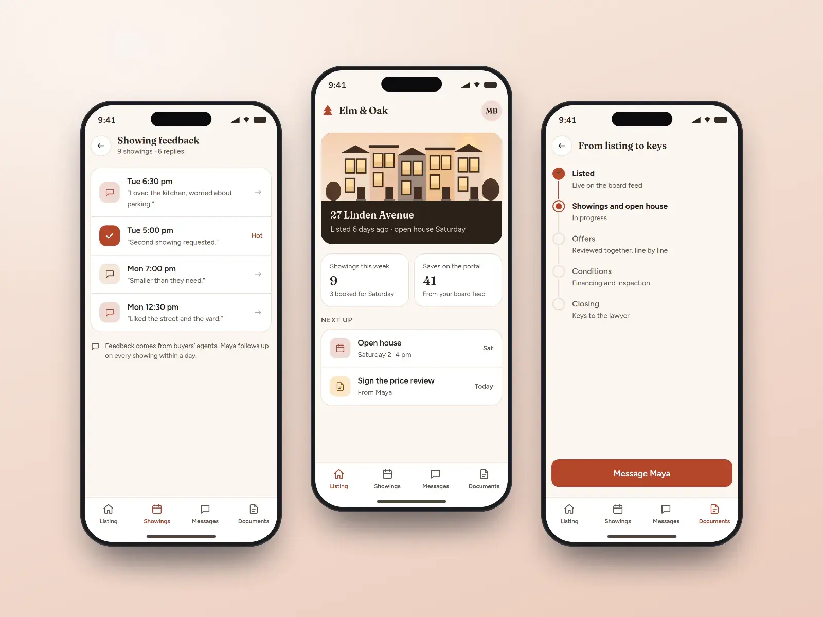 Elm & Oak seller app, three terracotta and cream phone screens: a listing summary with showings, showing feedback, and the timeline from listing to closing.
