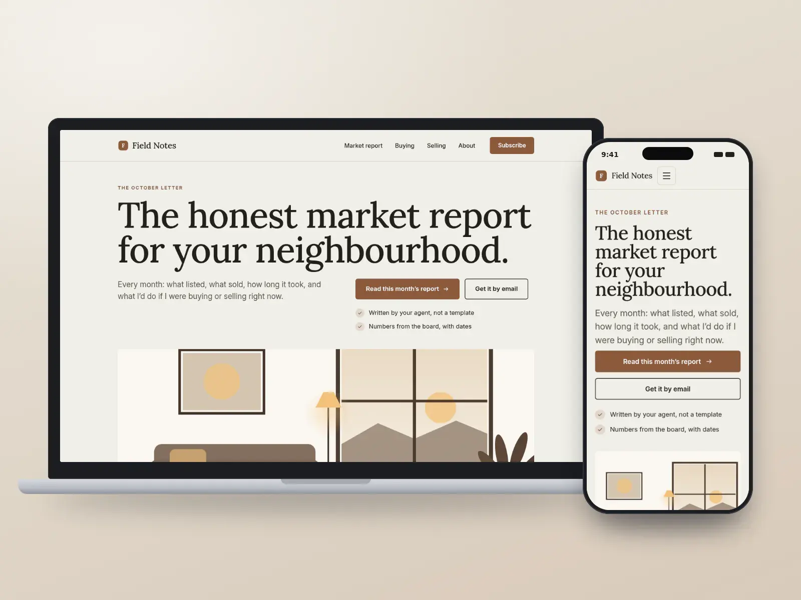 Field Notes Realty, a paper and walnut editorial real estate website with a large serif headline above a wide illustration of a living room, shown on a laptop and a phone.