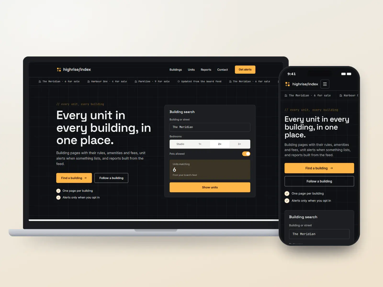Highrise Index, a dark condo real estate website with amber figures, a building search panel and a skyline illustration, shown on a laptop and a phone.