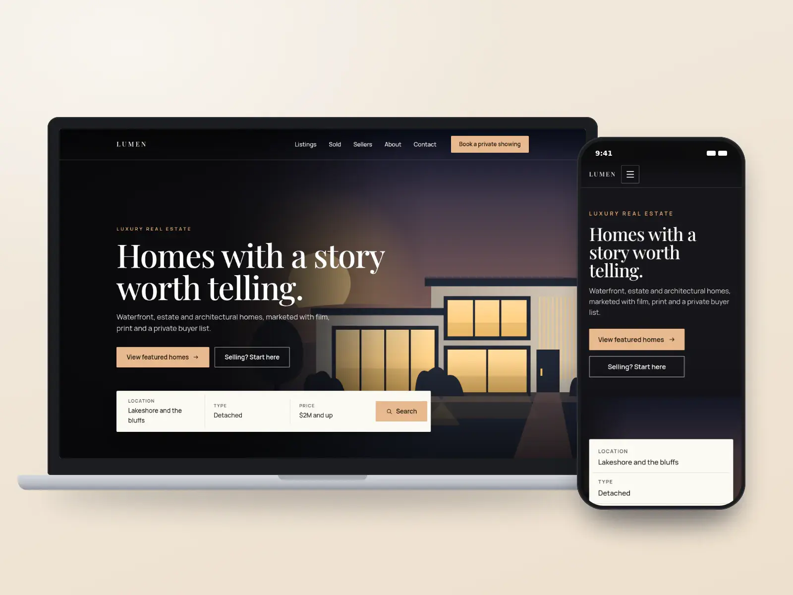 Lumen Estates, a luxury real estate website with a full-width dusk illustration of a modern home, an ivory serif headline and a property search bar, shown on a laptop and a phone.