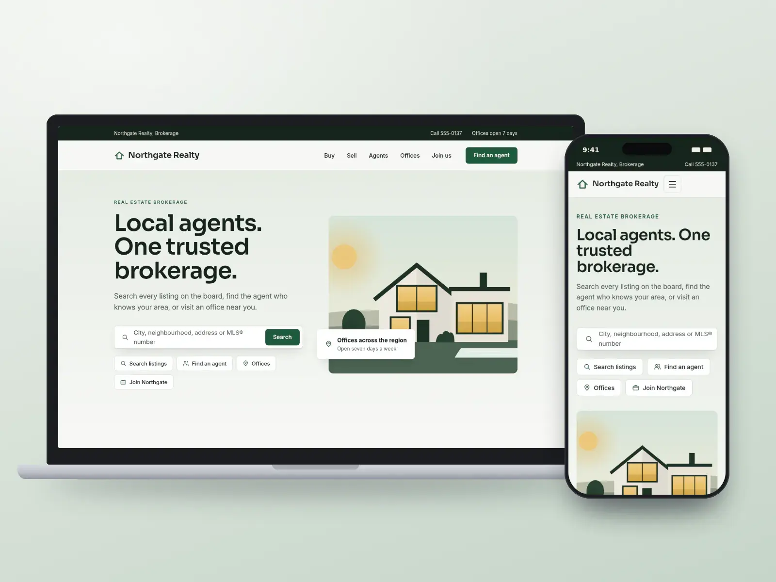 Northgate Realty, a forest green and gold brokerage website with a listing search, quick links and a modern house illustration, shown on a laptop and a phone.