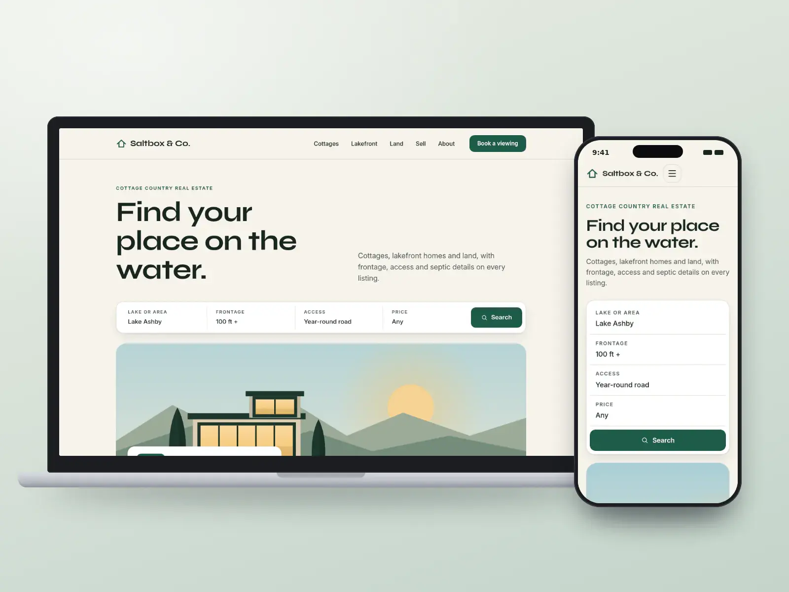 Saltbox & Co., a deep green and linen cottage real estate website with a full-width property search and a large illustration of a lakefront house, shown on a laptop and a phone.