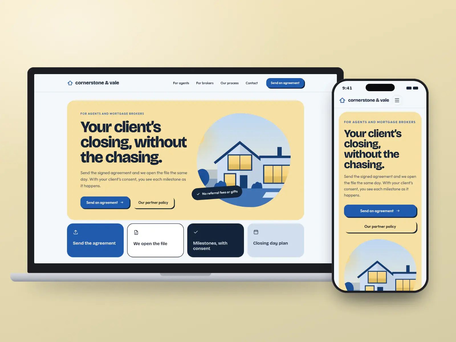 Cornerstone & Vale, a sky blue and marigold real estate law website for agents and brokers with bold rounded type, colour-block tiles and a modern house illustration, on a laptop and a phone.