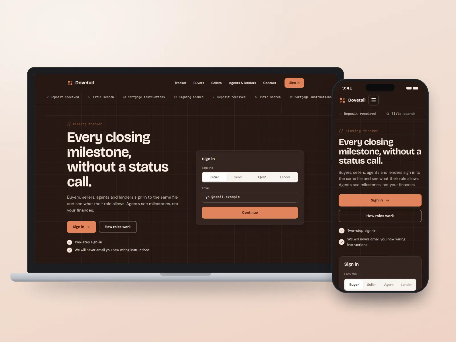 Dovetail Real Estate Law, a dark terracotta closing tracker website with a role-based sign-in panel, a ticker of closing milestones and a documents illustration, on a laptop and a phone.