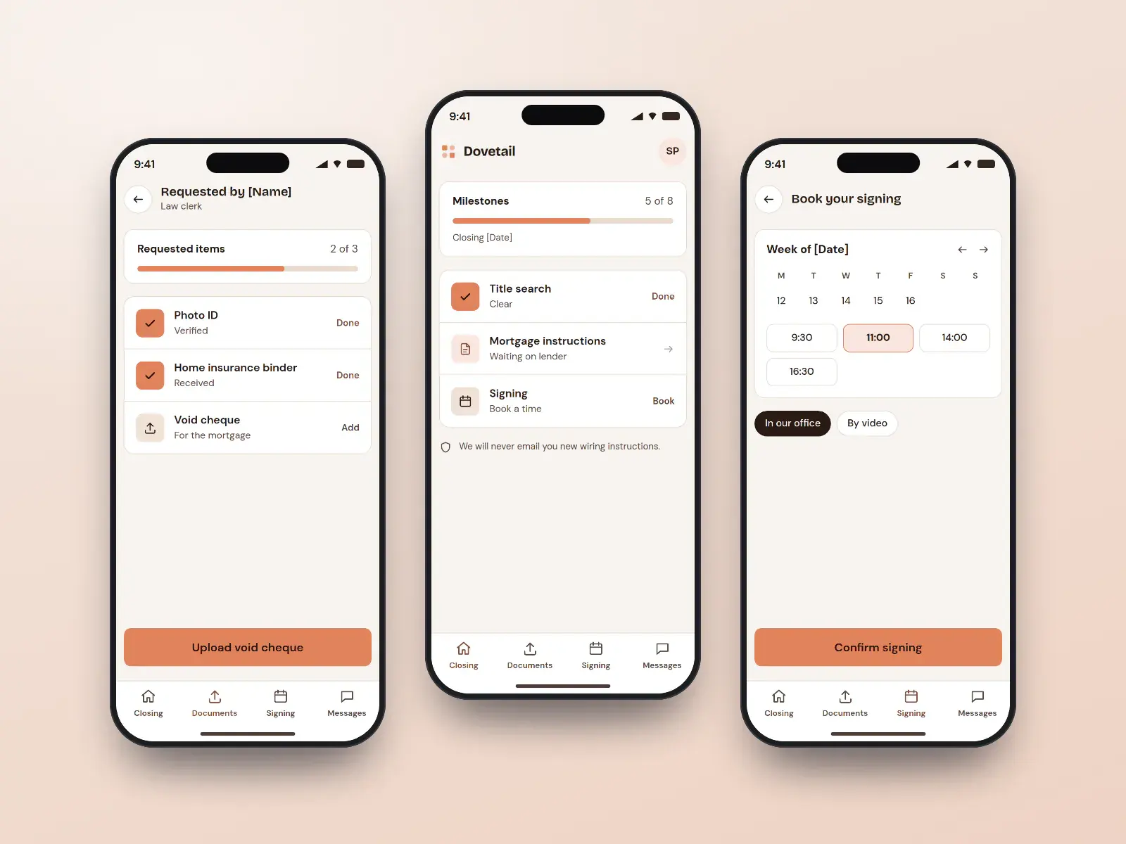 Dovetail closing app, three terracotta and chalk phone screens: a closing at 5 of 8 milestones with the wiring warning, a document upload request, and a signing booking.