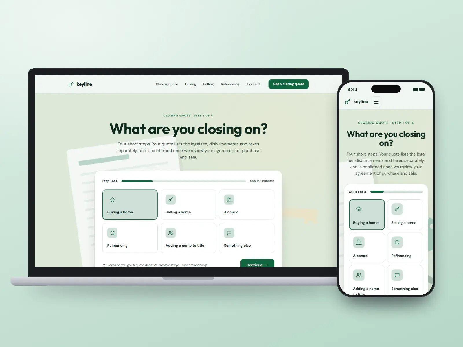 Keyline Closings, a mint and pine real estate law website whose homepage is a four-step closing quote with tiles for buying, selling and refinancing, on a laptop and a phone.