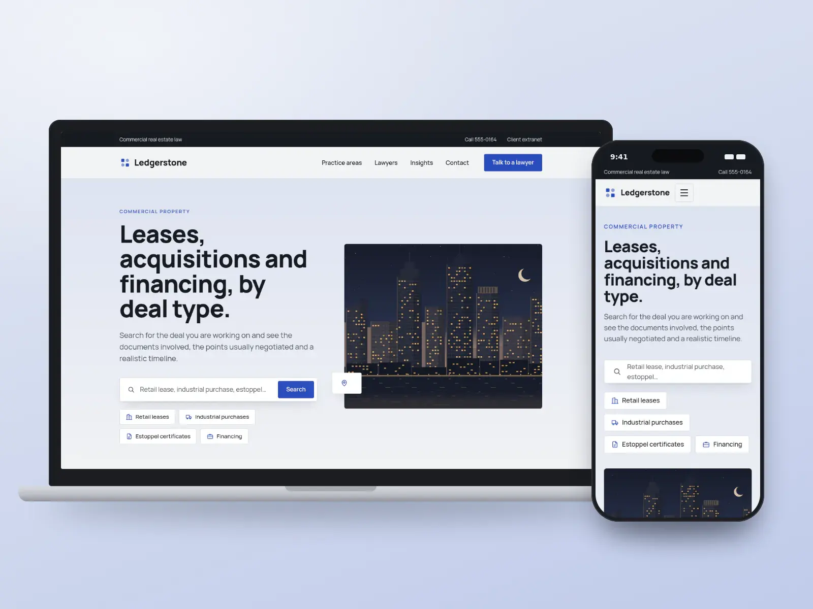 Ledgerstone Property Law, a concrete grey and cobalt commercial property law website with a deal-type search, quick links for leases and acquisitions, and a city skyline at dusk, on a laptop and a phone.