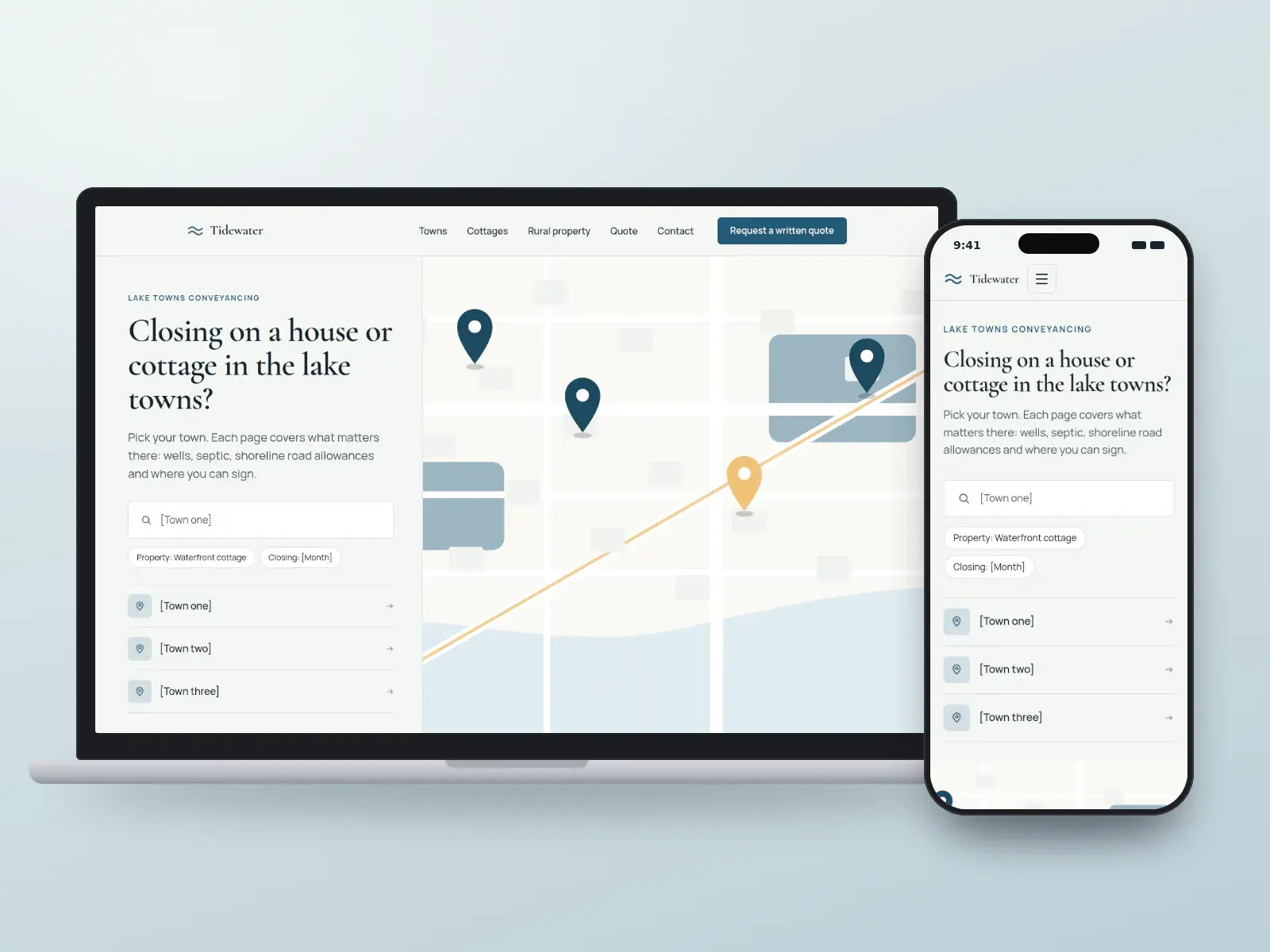 Tidewater Conveyancing, a lake blue and birch real estate law website with a town search beside a drawn map of lakes and towns, on a laptop and a phone.